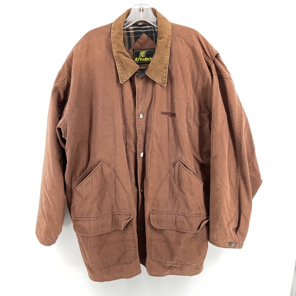 K-Products Mens XL Brown Canvas Chore Barn Jacket Corduroy Collar Plaid Lined